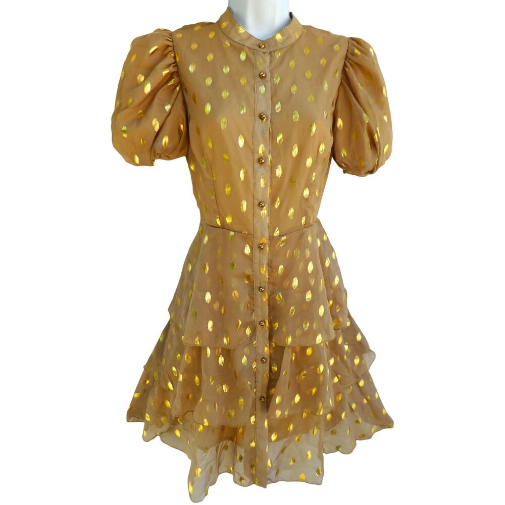 NEW Beulah Gold Foil Metallic Polka Spot Mini Dress Short Puff Sleeve Ruffles M